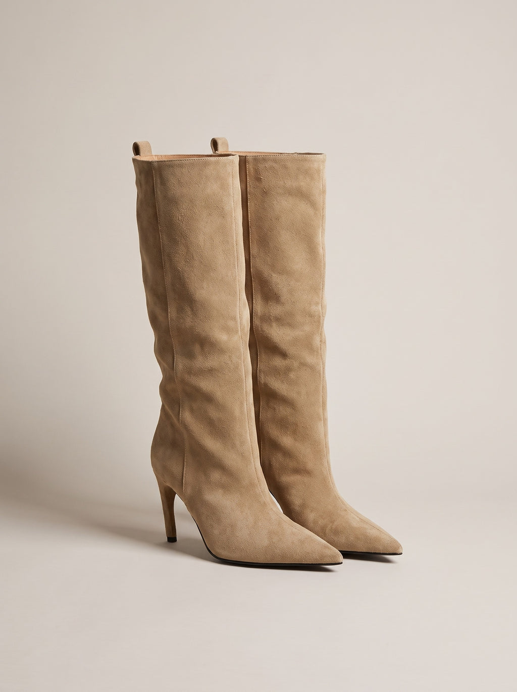 HALLE Slouch Faux Suede Stiletto Knee High Boots in apricot, front