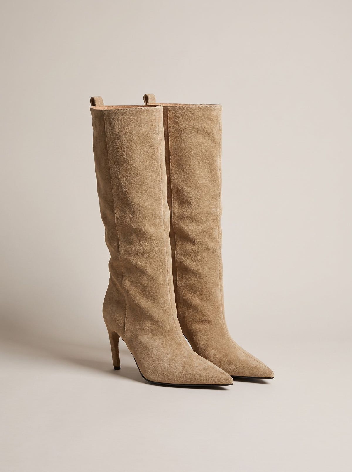 HALLE Slouch Faux Suede Stiletto Knee High Boots in apricot, front