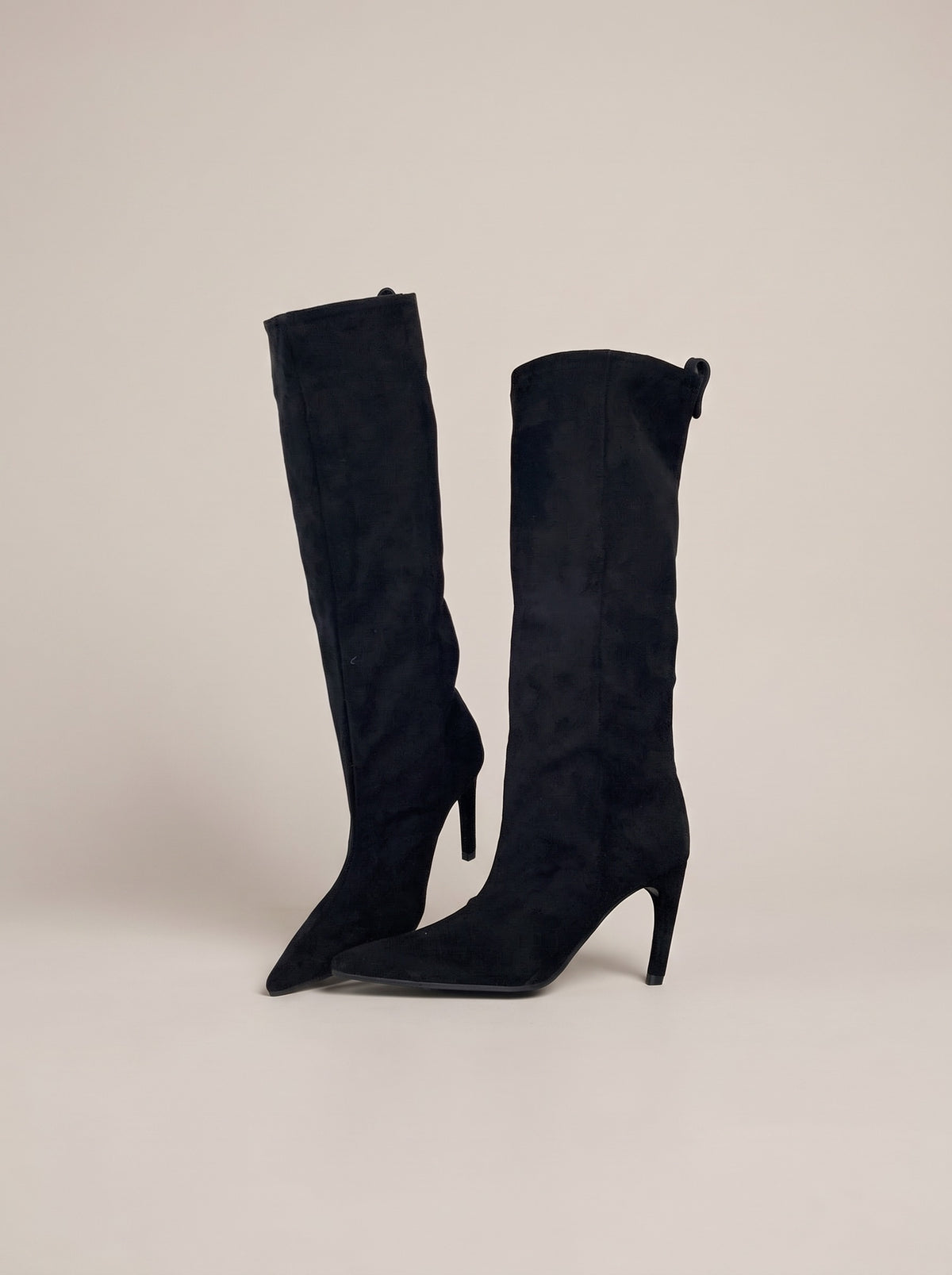 HALLE Slouch Faux Suede Stiletto Knee High Boots in black, front