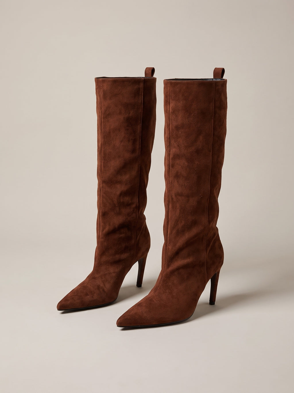 HALLE Slouch Faux Suede Stiletto Knee High Boots in coffee, front