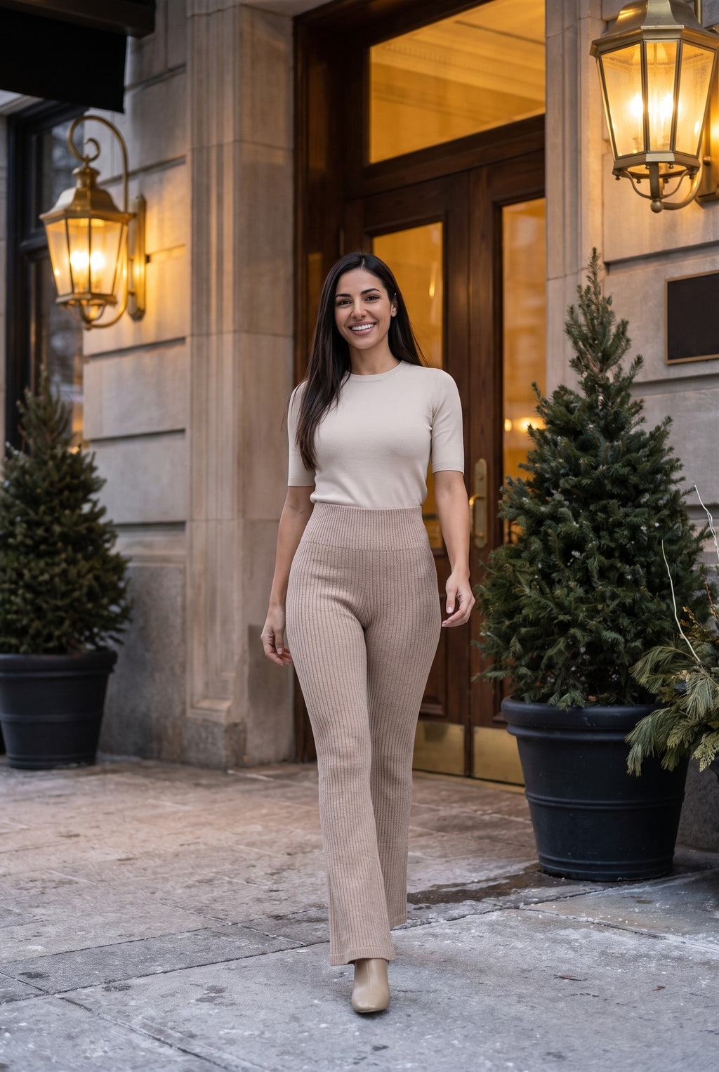 HALLIE Ribbed Knit Flared Trousers, lifestyle