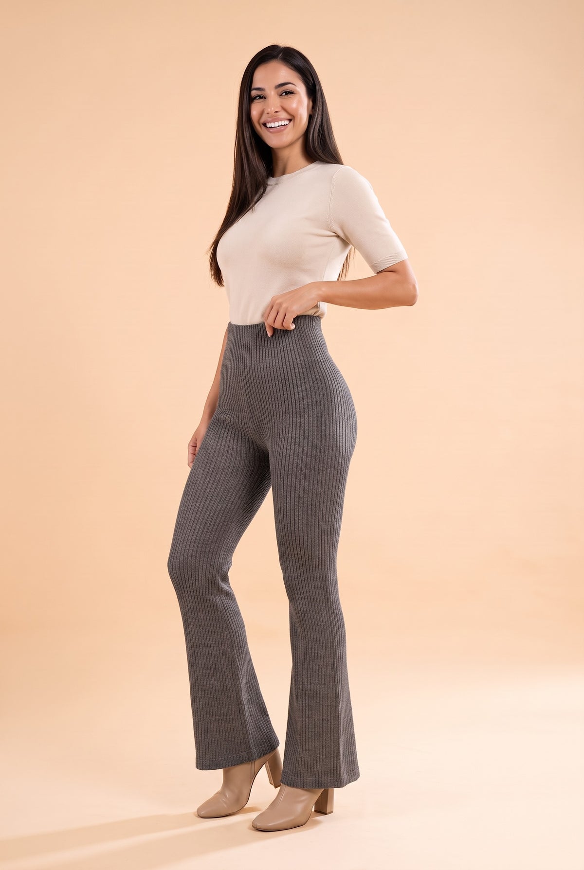 HALLIE Ribbed Knit Flared Trousers in dark grey, front