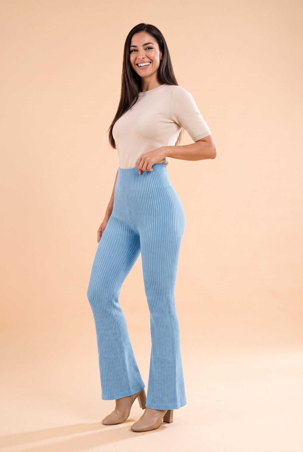 HALLIE Ribbed Knit Flared Trousers in light blue, front