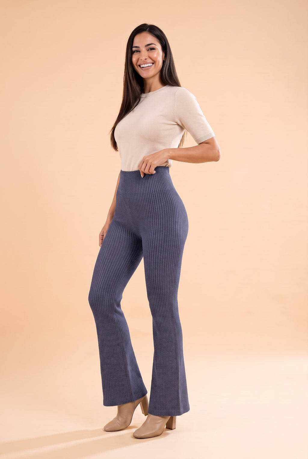 HALLIE Ribbed Knit Flared Trousers in nave, front