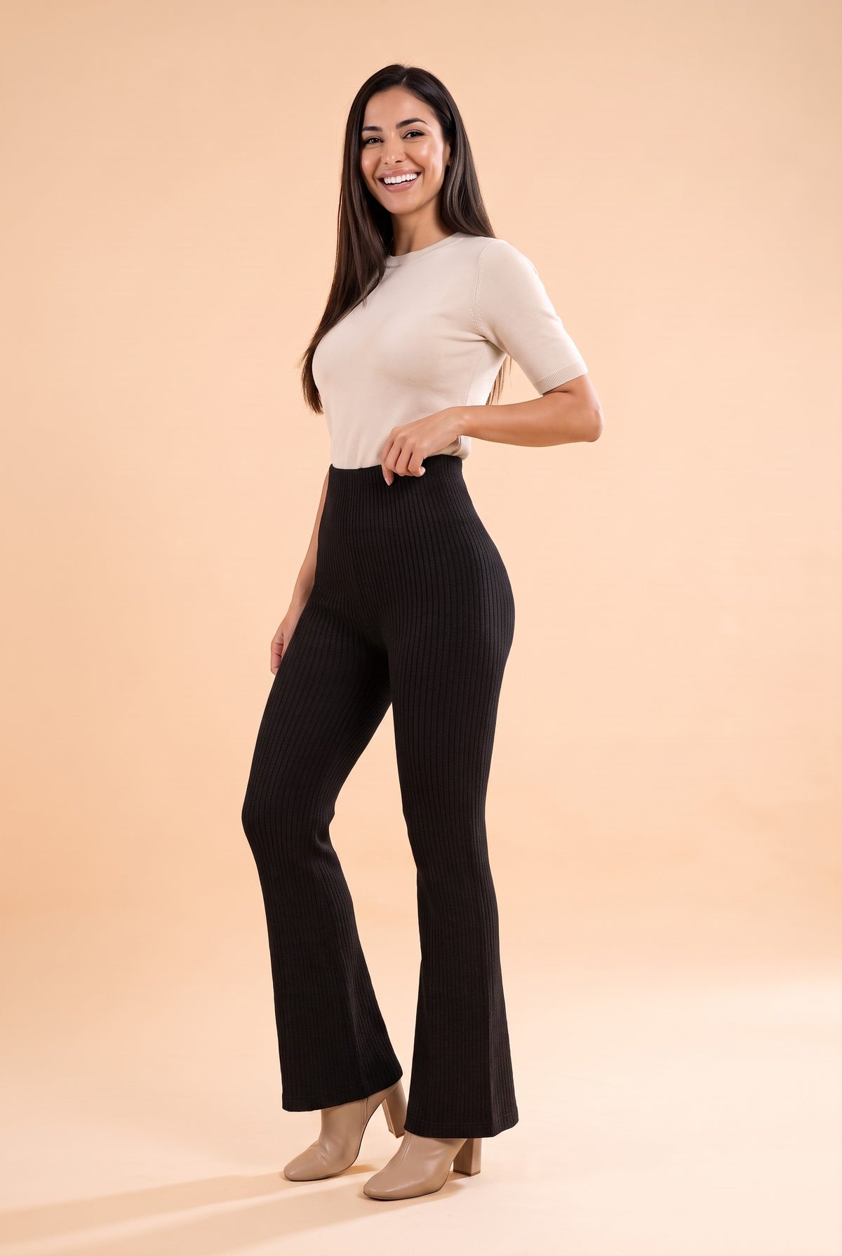 HALLIE Ribbed Knit Flared Trousers in black, front