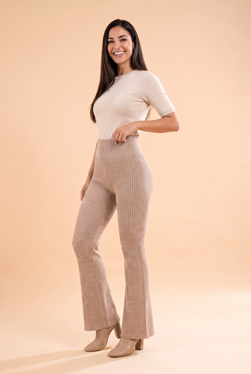 HALLIE Ribbed Knit Flared Trousers in beige, front