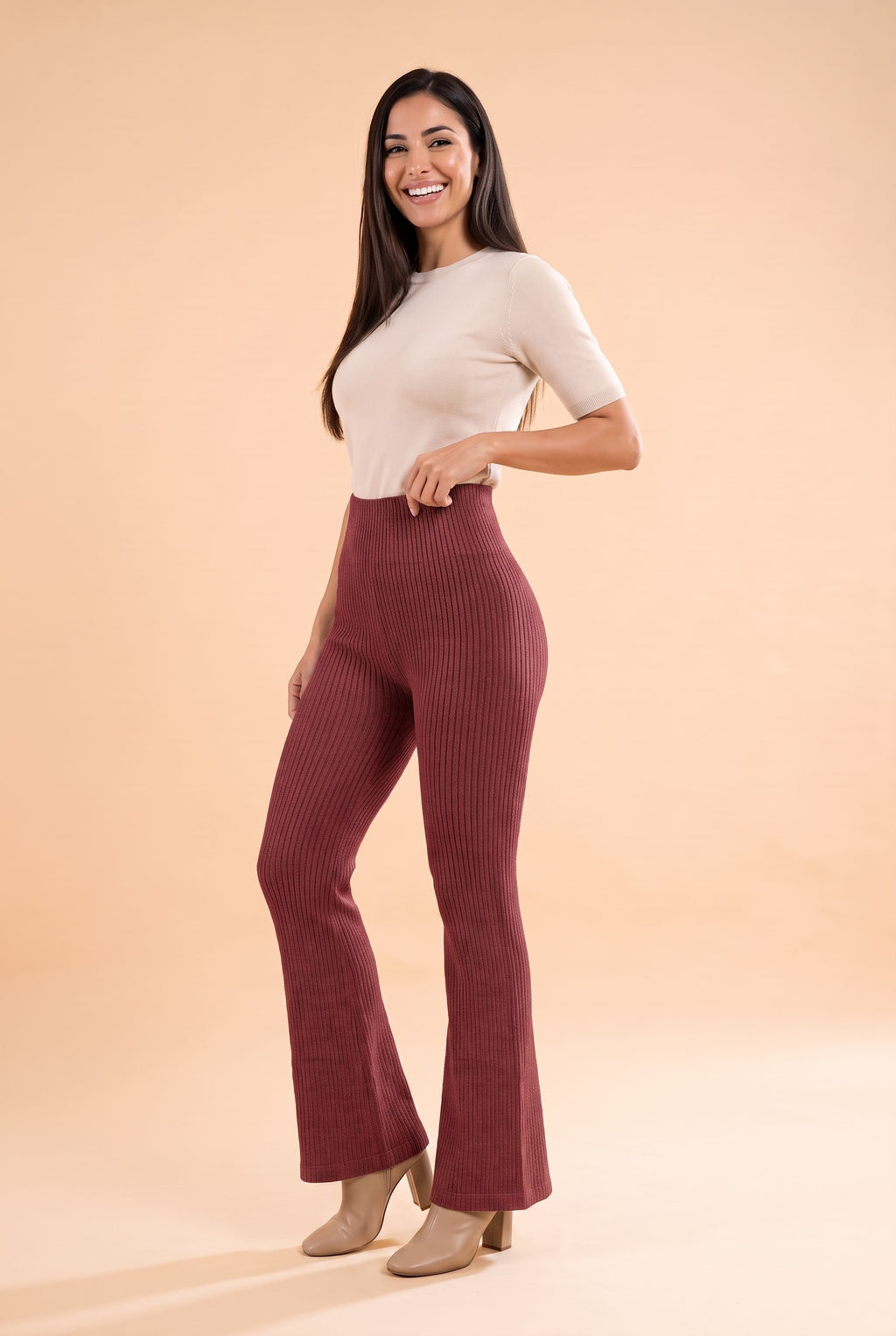 HALLIE Ribbed Knit Flared Trousers in claret, front
