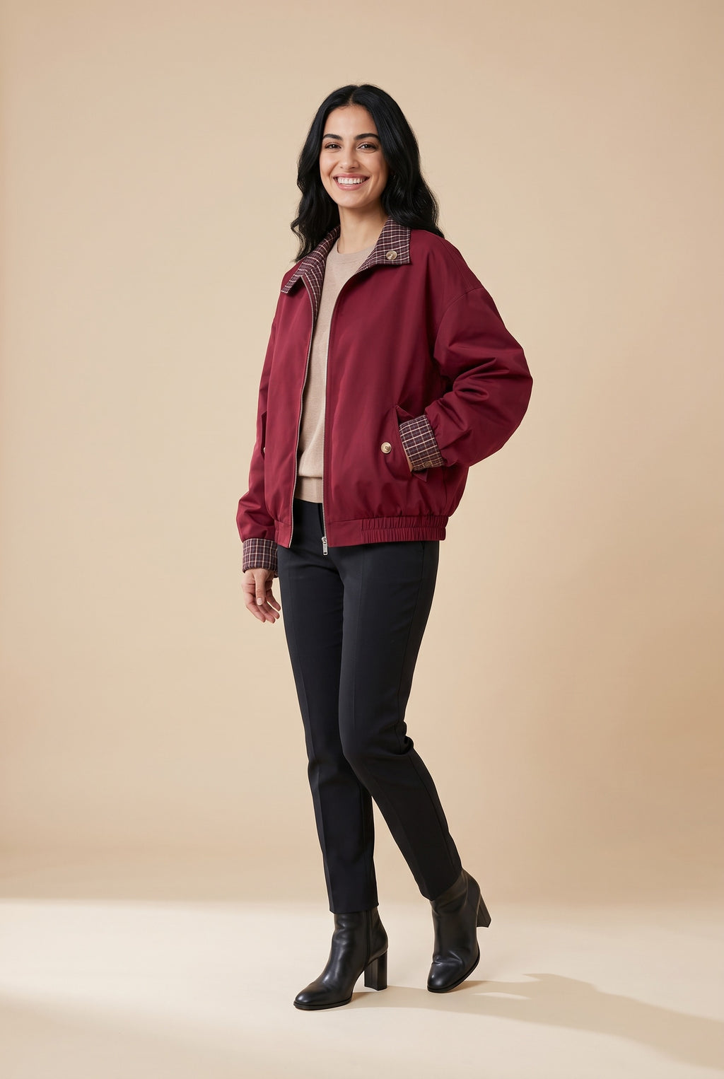 HARLOW Reversible High Neck Jacket in wine red, front