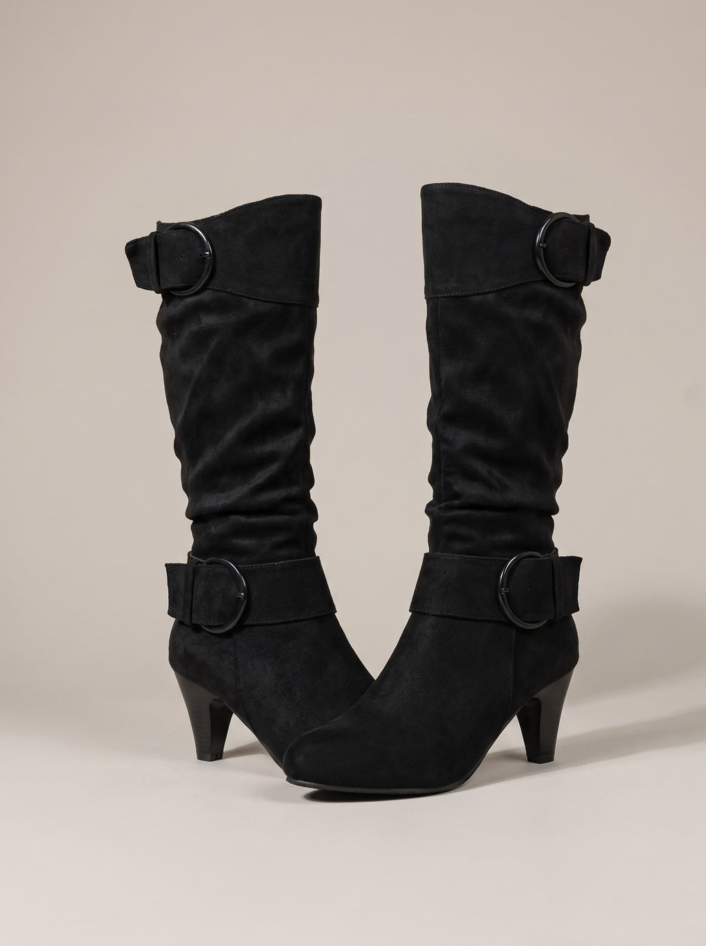 HAVEN Buckle Faux Suede Heeled Knee High Boots in black, front
