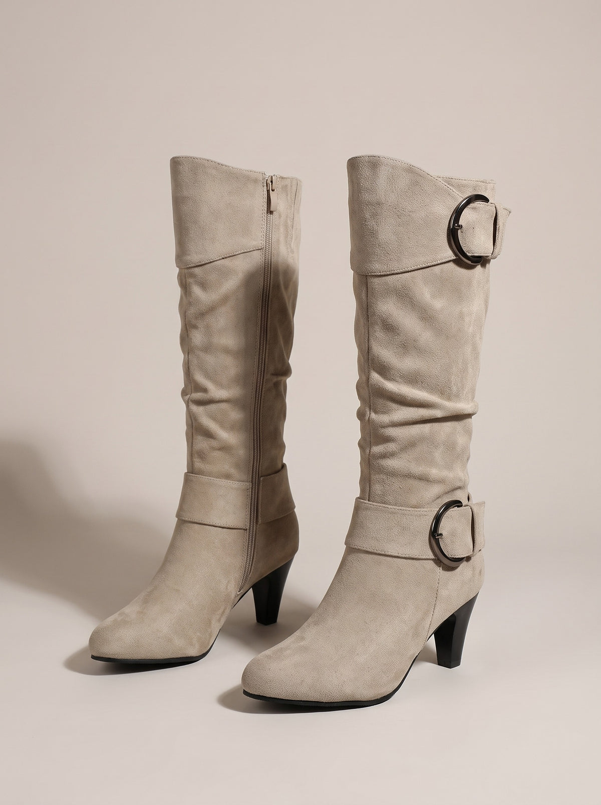 HAVEN Buckle Faux Suede Heeled Knee High Boots in beige, front