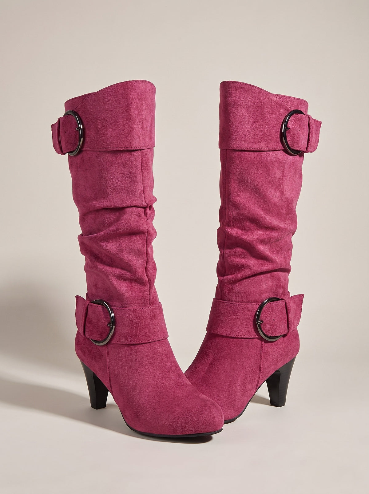 HAVEN Buckle Faux Suede Heeled Knee High Boots in rosy red, front