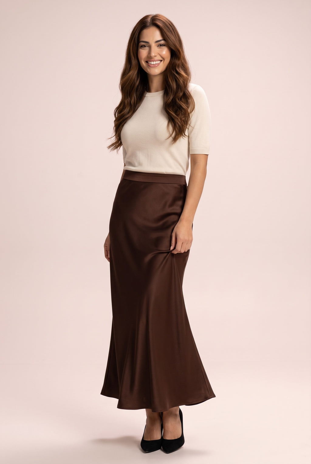 HEMERA Elegant Satin-Look High Waisted Maxi Skirt in brown