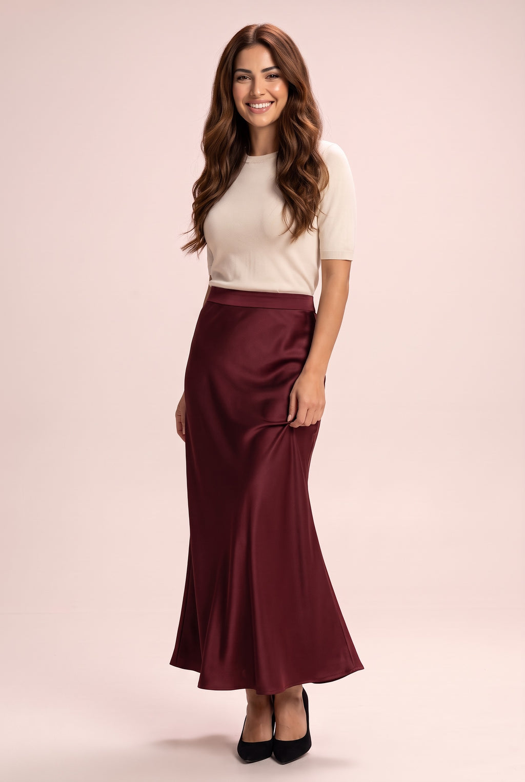 HEMERA Elegant Satin-Look High Waisted Maxi Skirt in burgundy