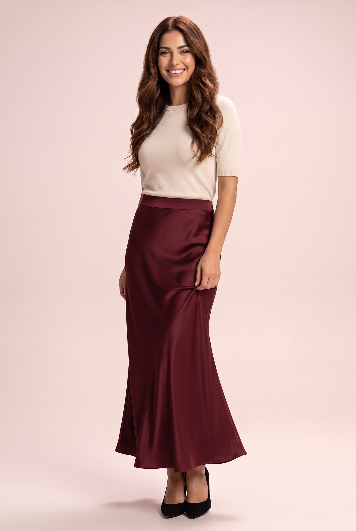 HEMERA Elegant Satin-Look High Waisted Maxi Skirt in burgundy