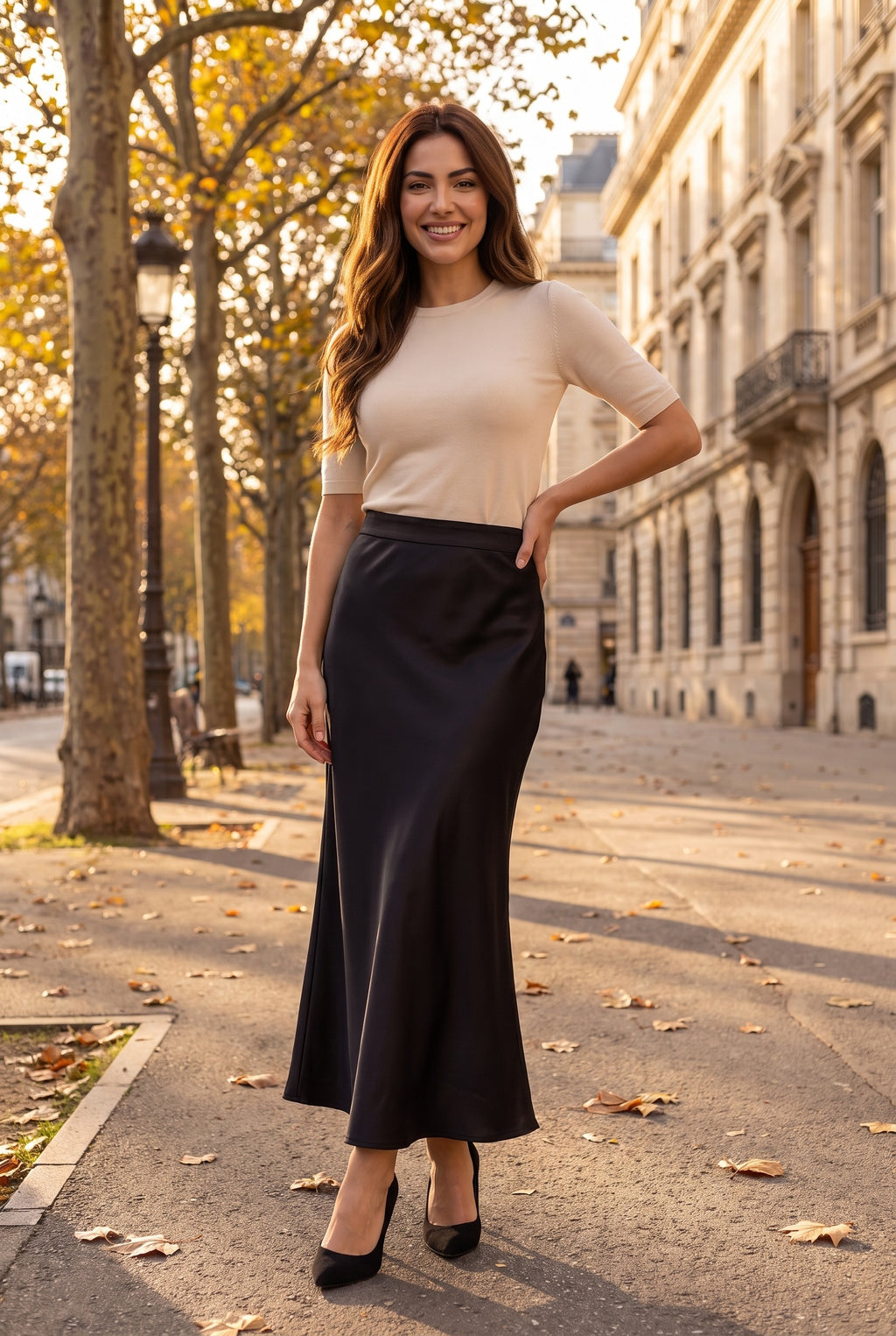 HEMERA Elegant Satin-Look High Waisted Maxi Skirt, lifestyle