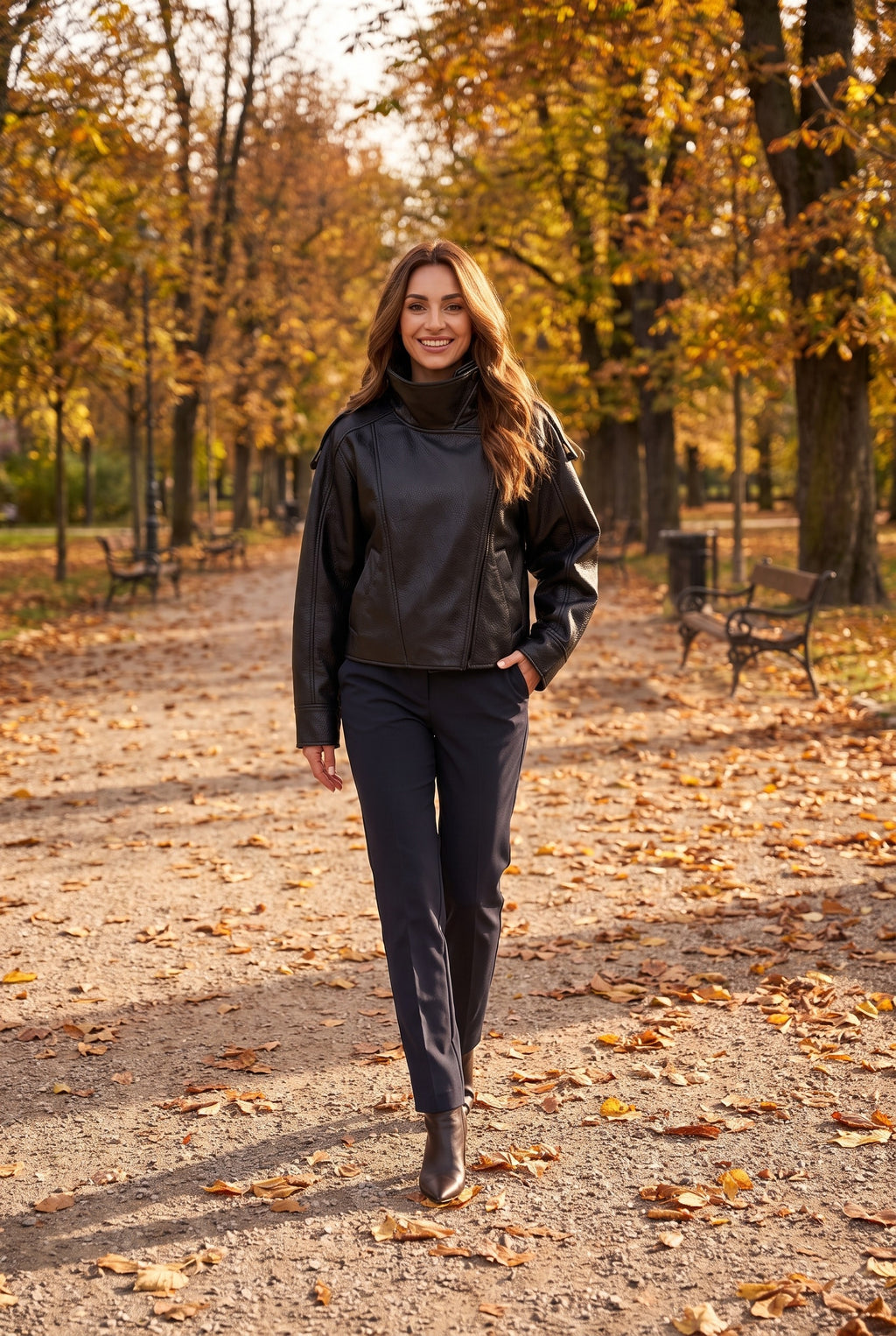 HENRIETTA Faux Leather Funnel Neck Biker Jacket, lifestyle