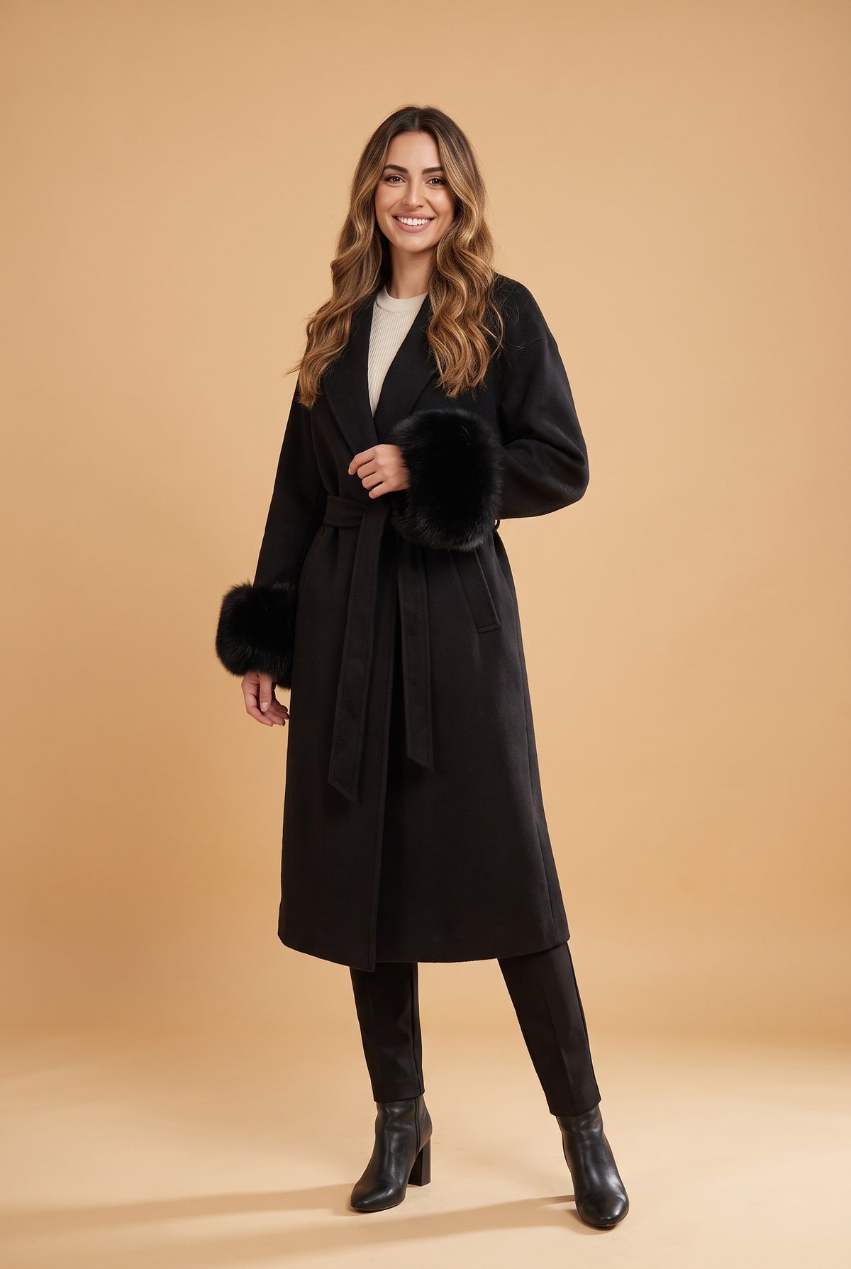HONOR Long Faux Fur Trim Belted Overcoat in black, front