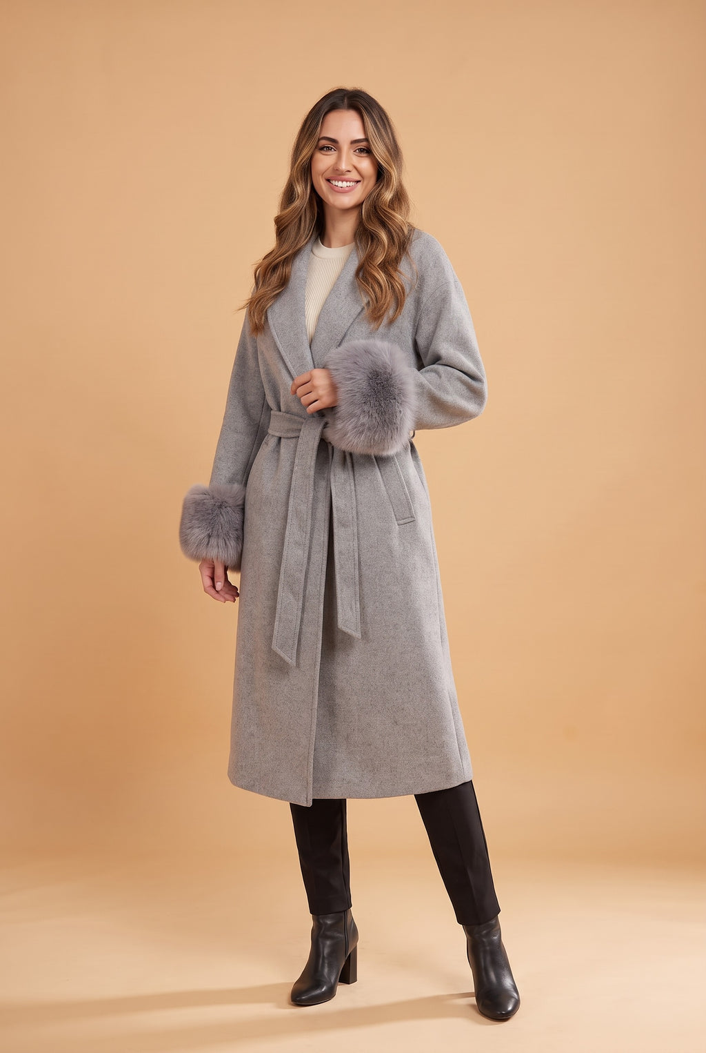 HONOR Long Faux Fur Trim Belted Overcoat in grey, front