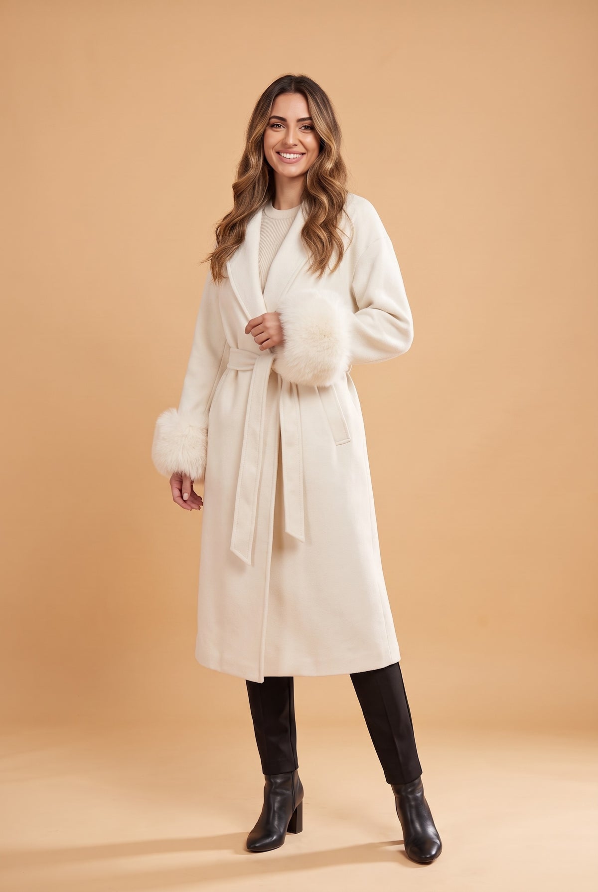 HONOR Long Faux Fur Trim Belted Overcoat in white, front