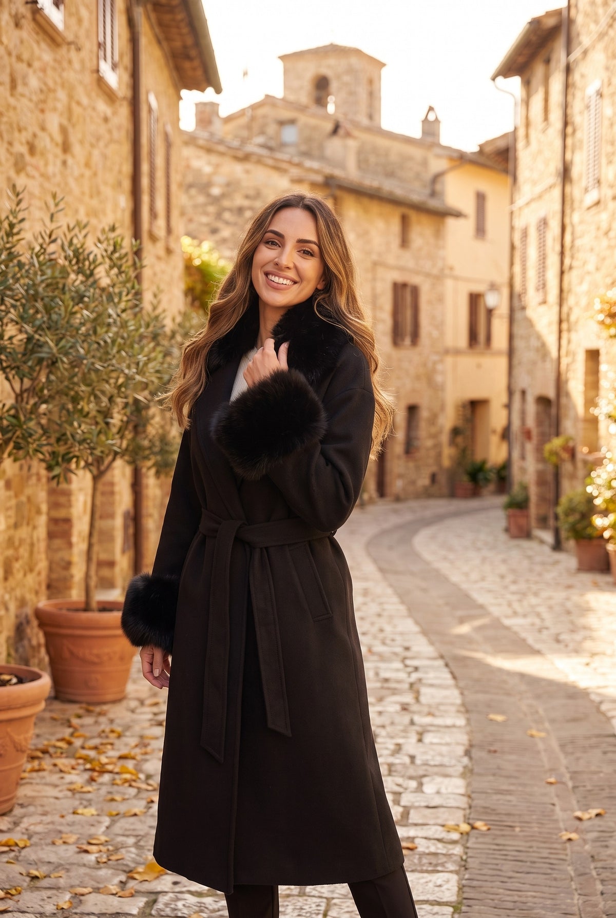 HONOR Long Faux Fur Trim Belted Overcoat, lifestyle