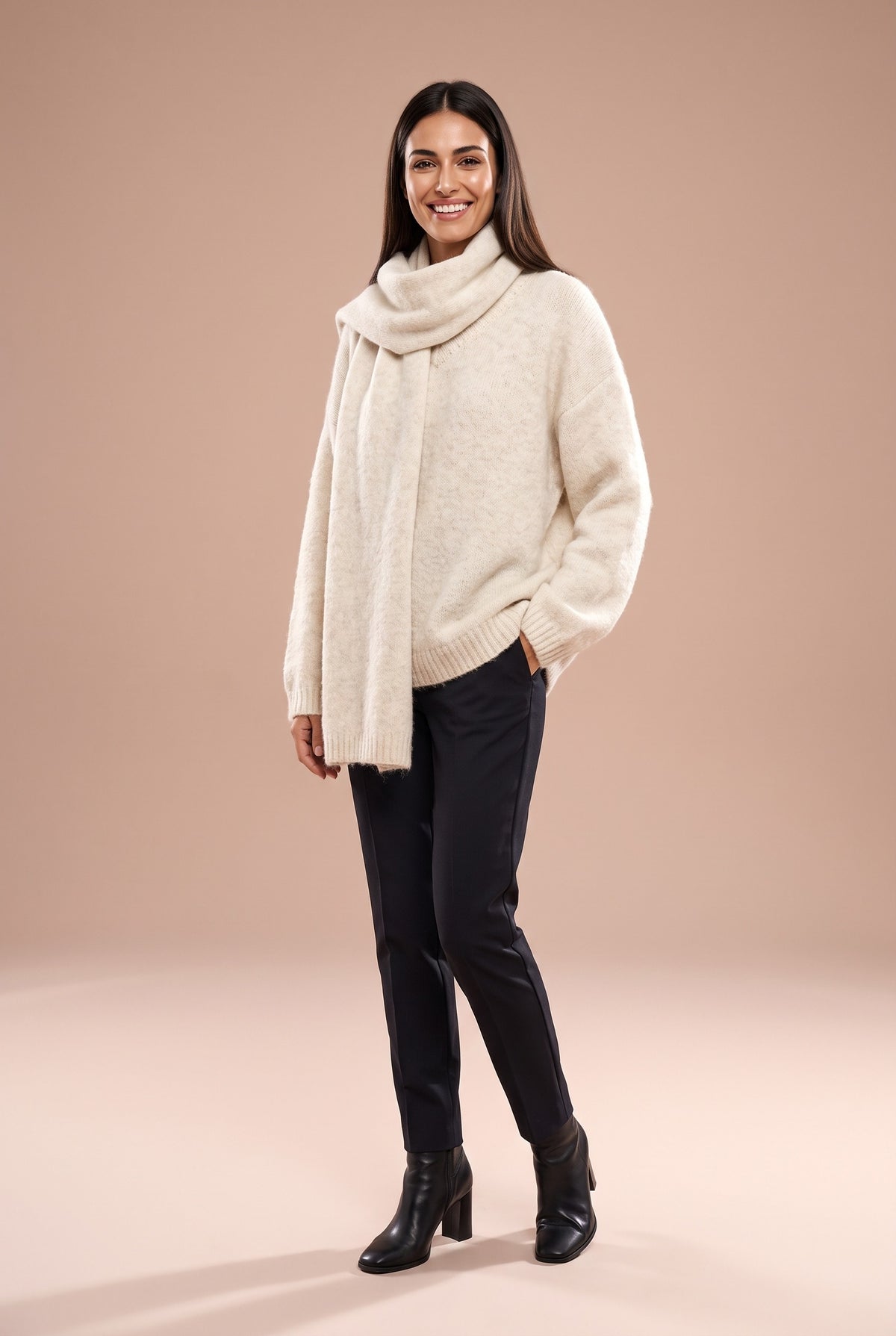 ISABELLA Oversized Chunky Knit Jumper in oatmeal v neck with scarf, front