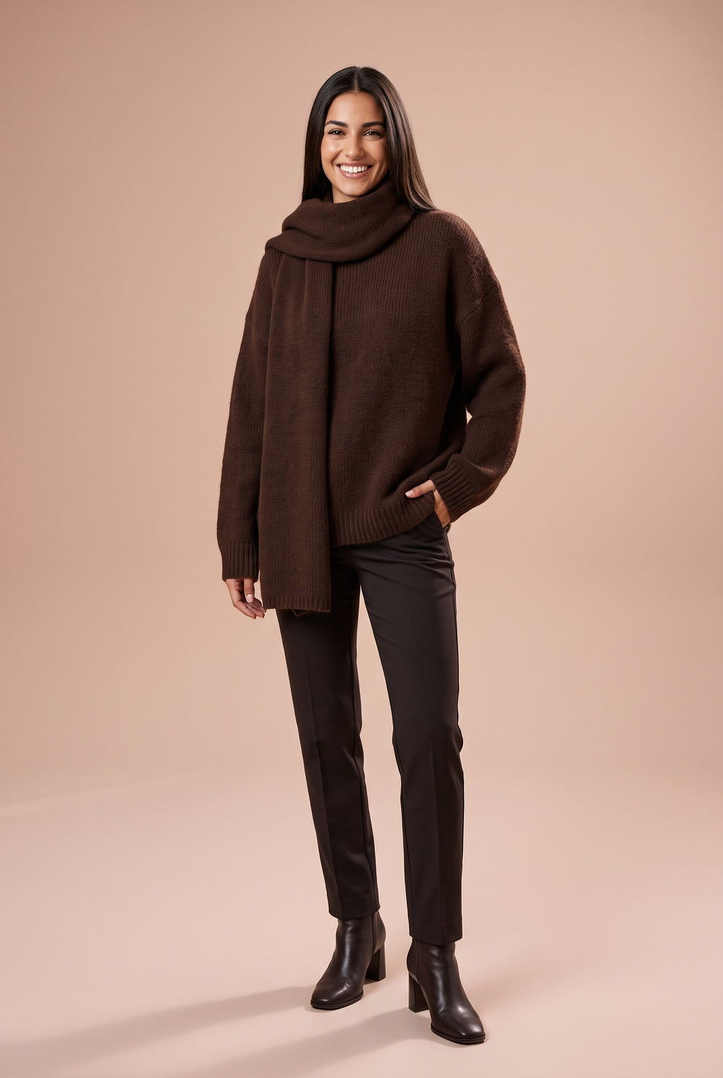 ISABELLA Oversized Chunky Knit Jumper in brown v neck with scarf, front