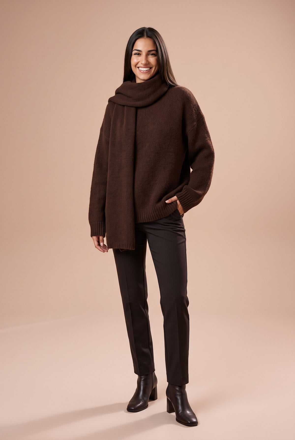 ISABELLA Oversized Chunky Knit Jumper in brown v neck with scarf, front