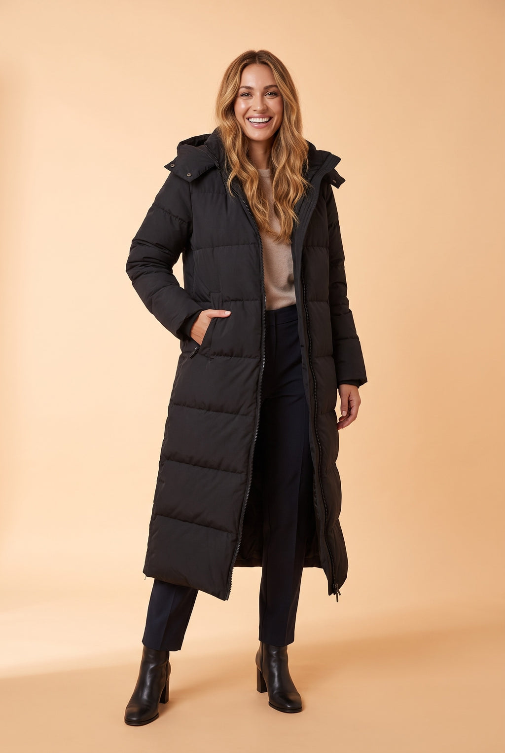 ISOBEL Hooded Maxi Puffer Coat in black, front