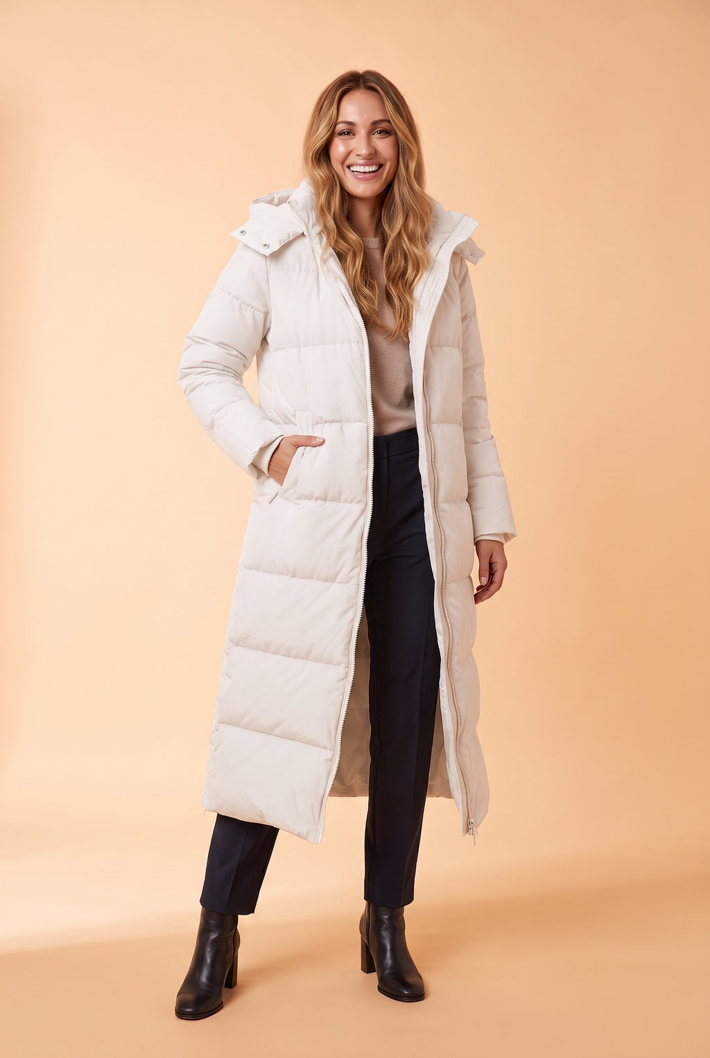 ISOBEL Hooded Maxi Puffer Coat in white, front