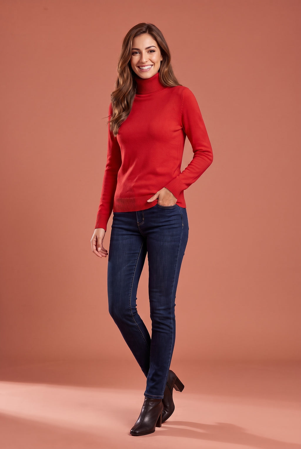 IVANA Fine Knit Roll Neck Jumper in red, front