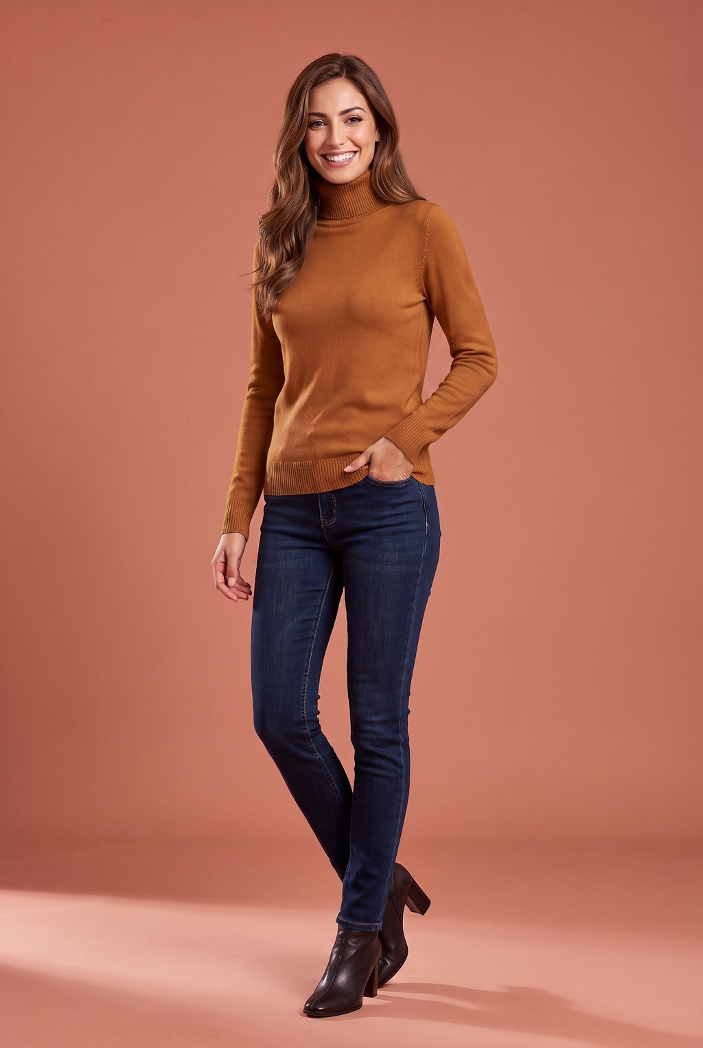 IVANA Fine Knit Roll Neck Jumper in caramel, front