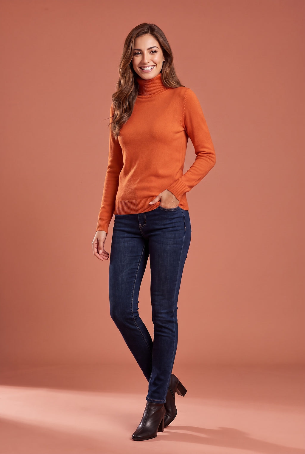 IVANA Fine Knit Roll Neck Jumper in tangerine, front
