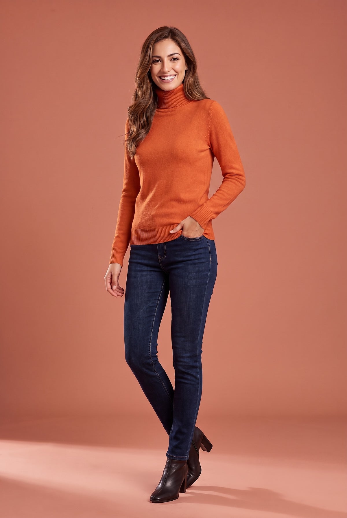 IVANA Fine Knit Roll Neck Jumper in tangerine, front