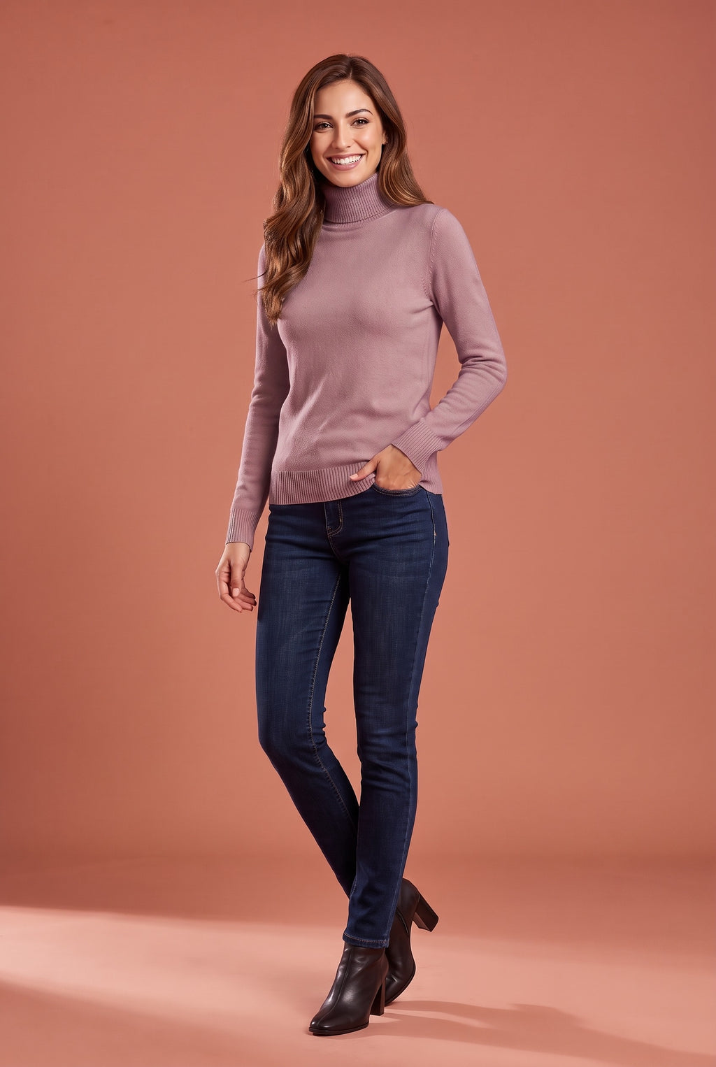 IVANA Fine Knit Roll Neck Jumper in purple, front