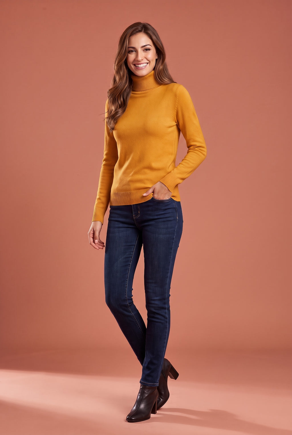 IVANA Fine Knit Roll Neck Jumper in mustard yellow, front