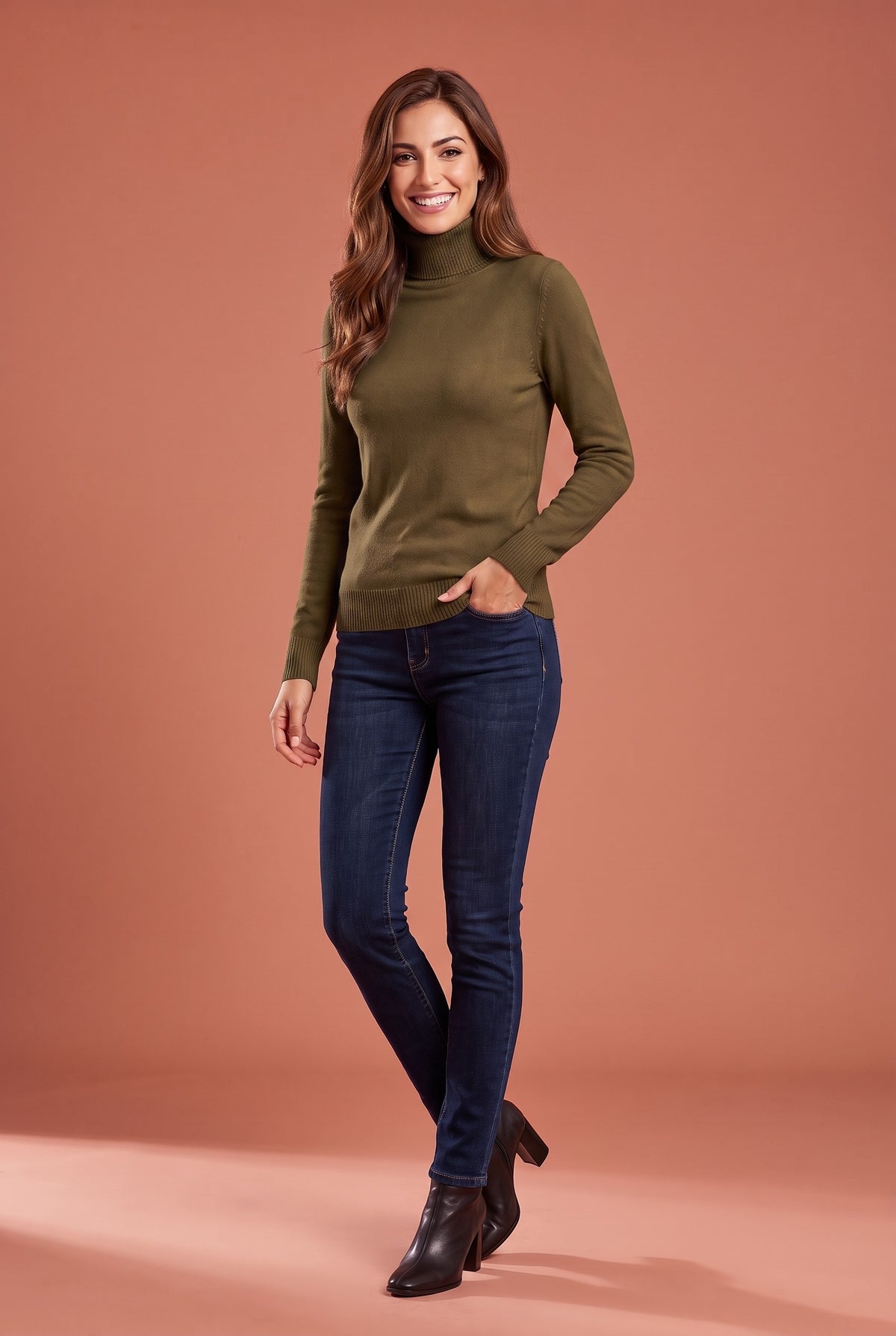 IVANA Fine Knit Roll Neck Jumper in olive green, front