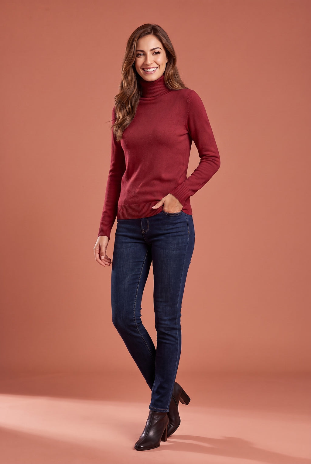 IVANA Fine Knit Roll Neck Jumper in wine red, front
