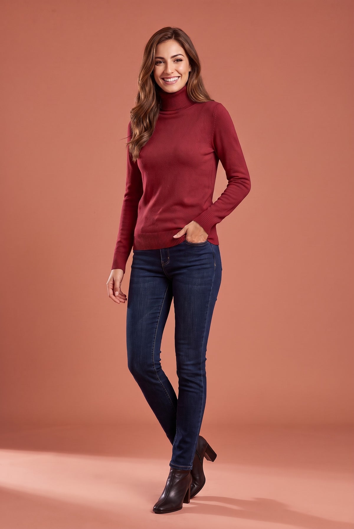 IVANA Fine Knit Roll Neck Jumper in wine red, front