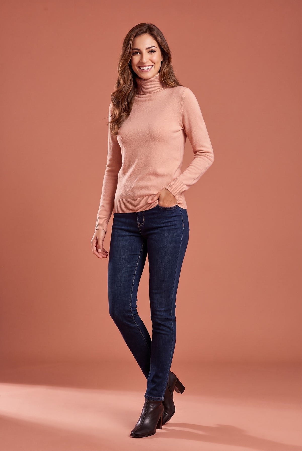 IVANA Fine Knit Roll Neck Jumper in pink, front