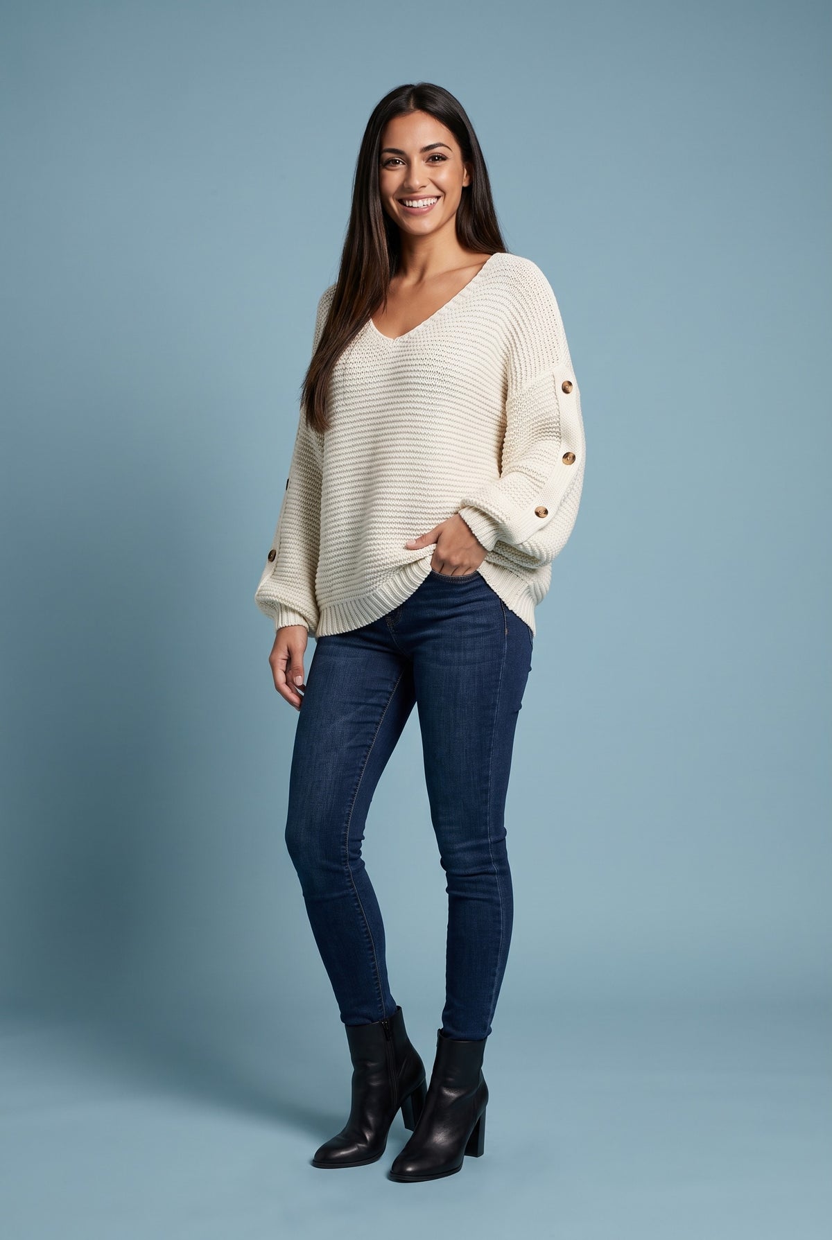JOLENE Chunky V Neck Oversized Jumper in white, front