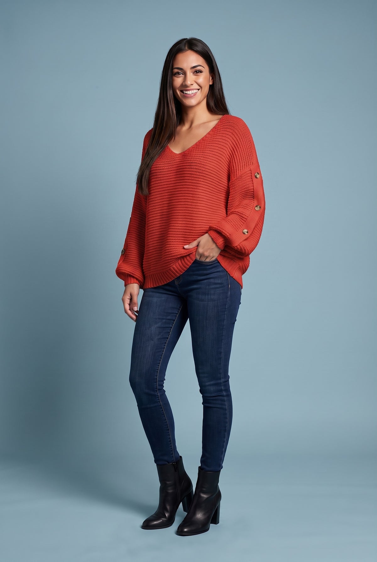 JOLENE Chunky V Neck Oversized Jumper in red, front