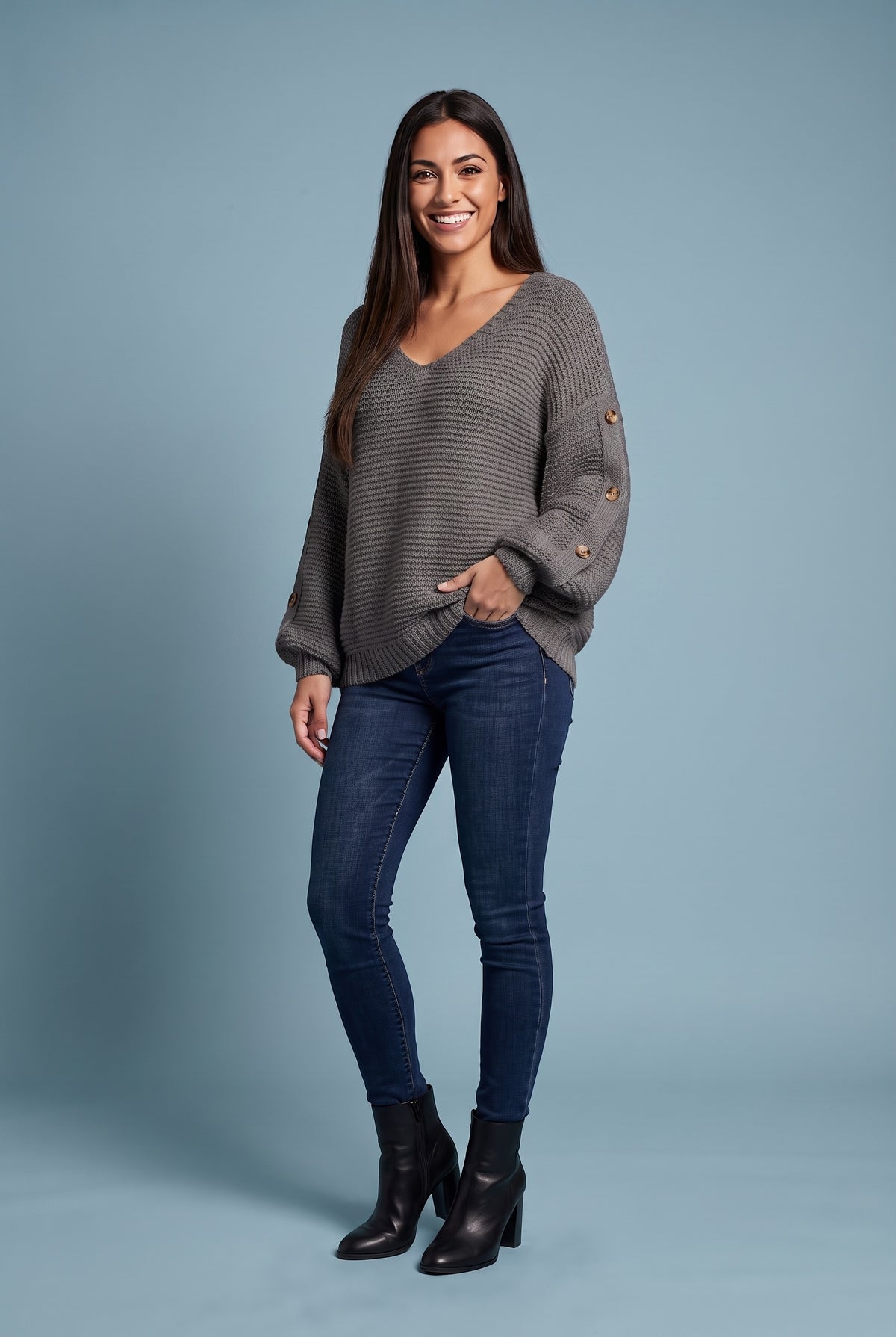 JOLENE Chunky V Neck Oversized Jumper in dark grey, front