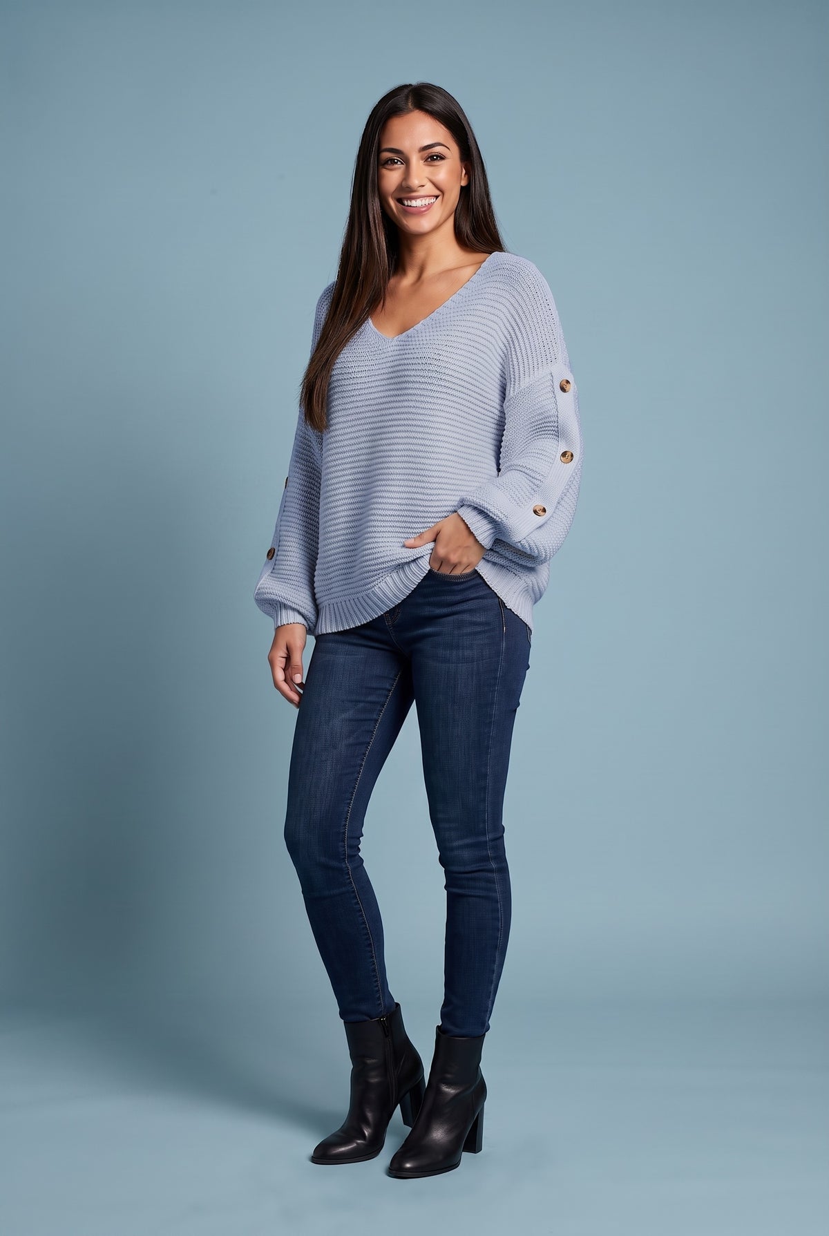 JOLENE Chunky V Neck Oversized Jumper in sky blue, front