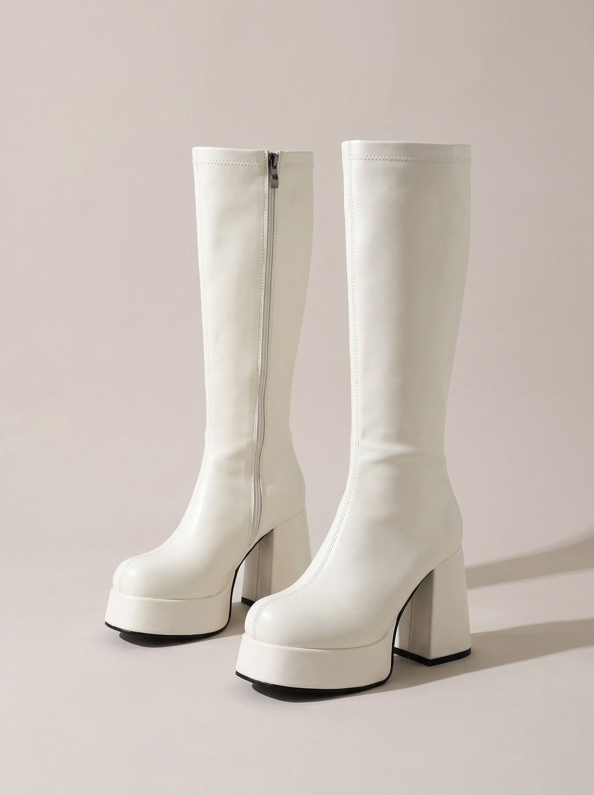 JOLIE Patent Platform Knee High Boots in white, front