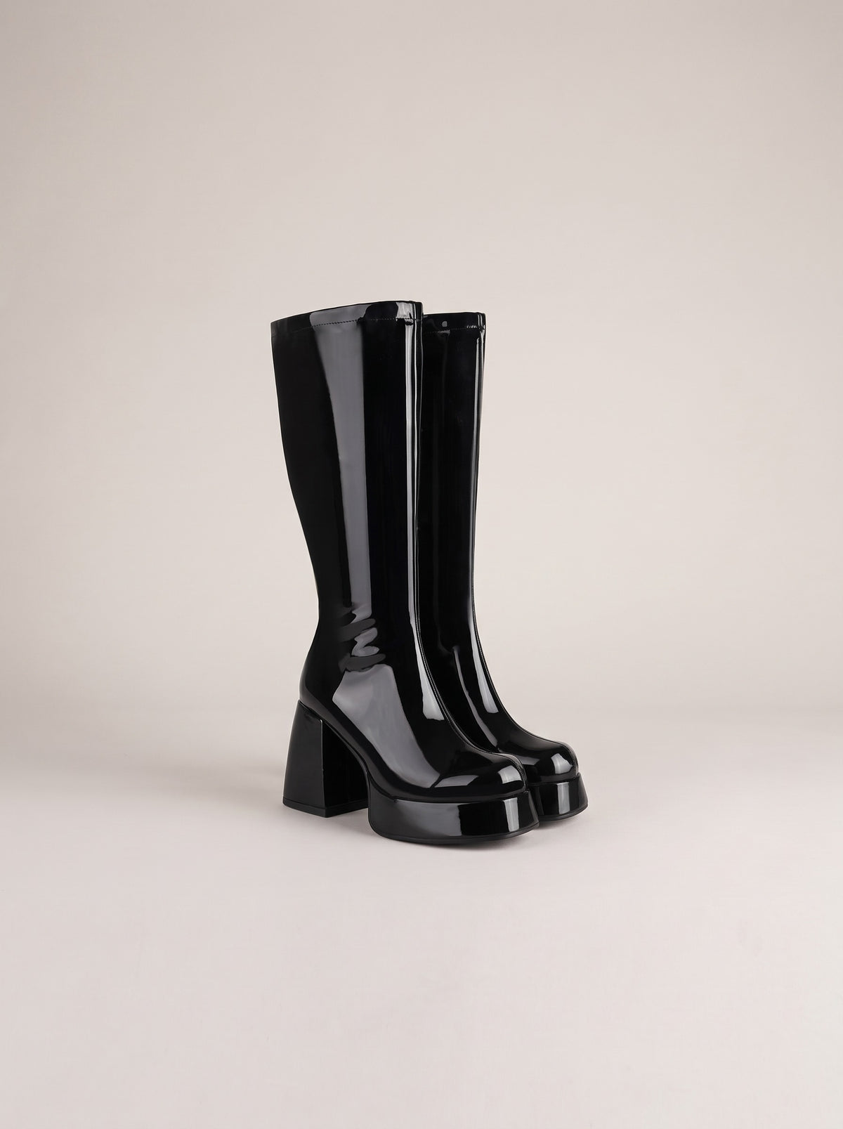 JOLIE Patent Platform Knee High Boots in black, front