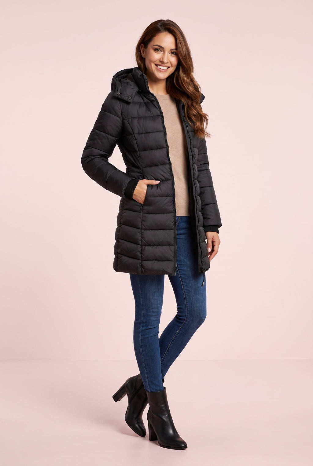 JUNIPER Slim Hooded Longline Puffer Coat in black, front