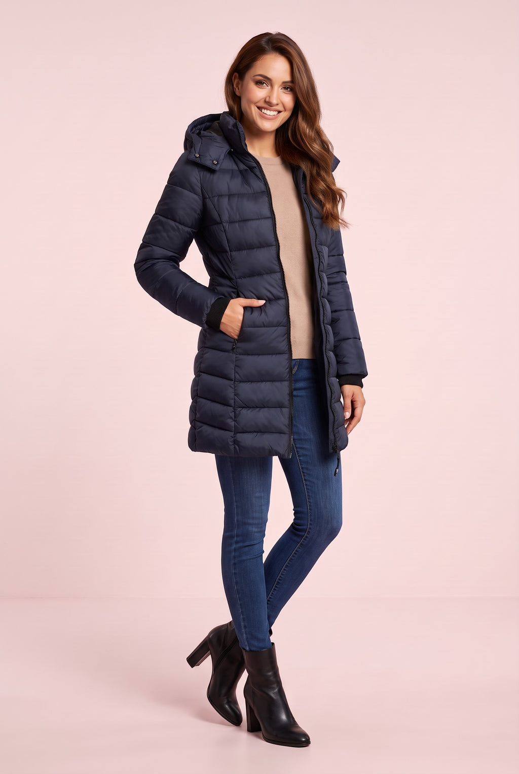 JUNIPER Slim Hooded Longline Puffer Coat in navy, front