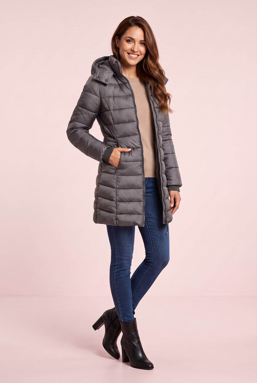 JUNIPER Slim Hooded Longline Puffer Coat in grey, front