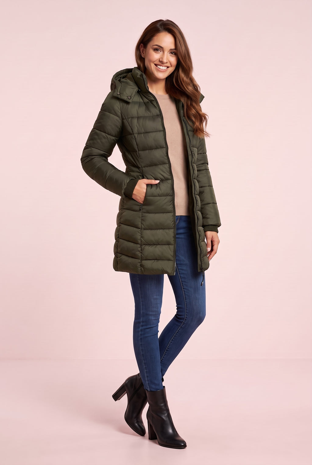 JUNIPER Slim Hooded Longline Puffer Coat in army green, front