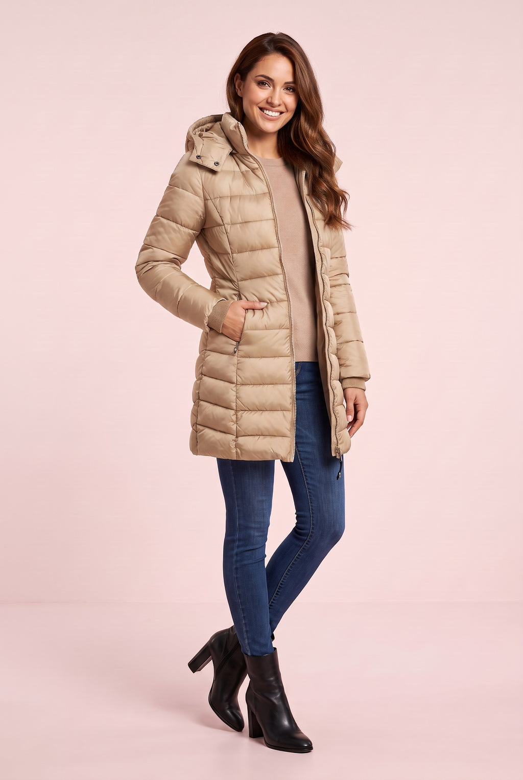 JUNIPER Slim Hooded Longline Puffer Coat in khaki, front